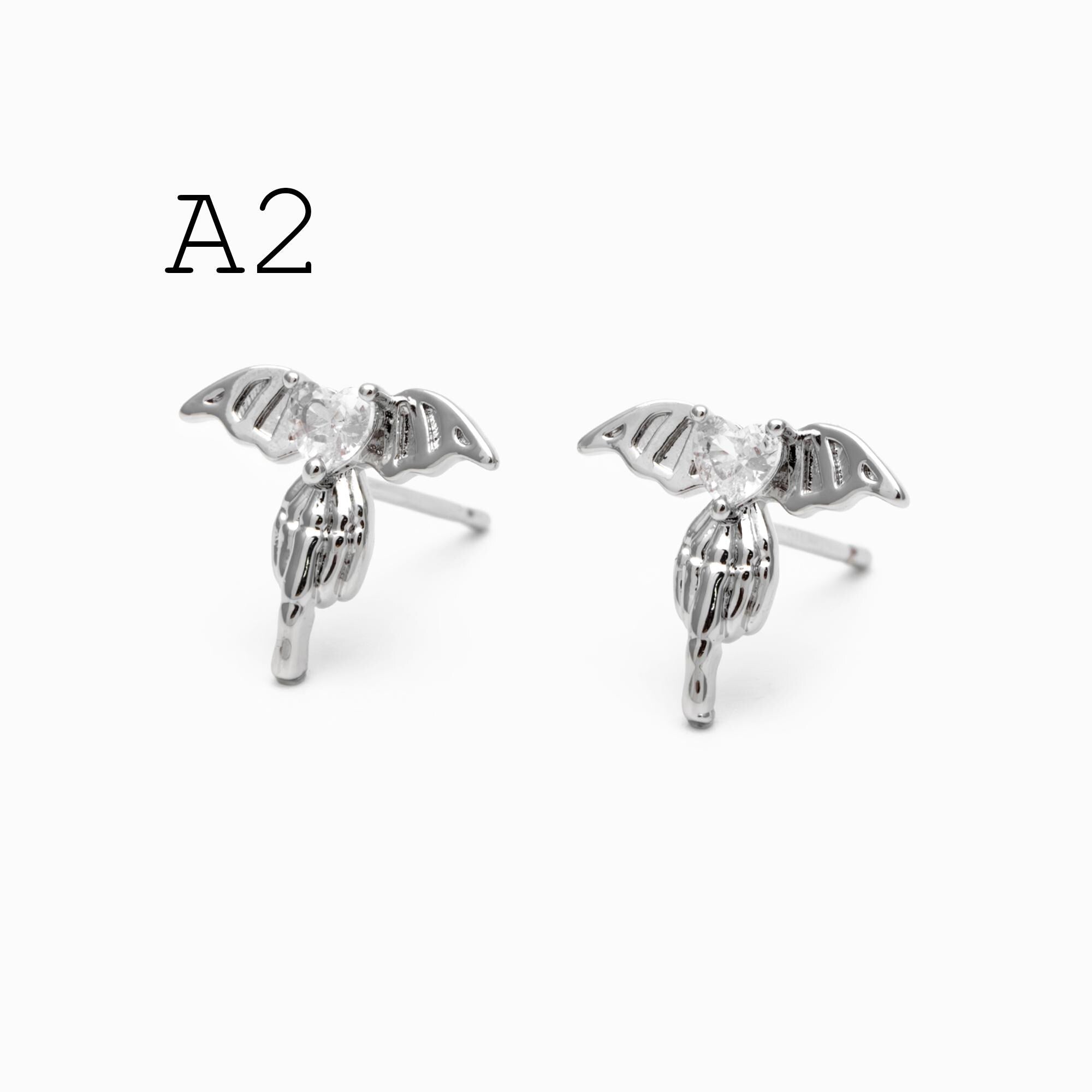 10pcs CZ Pave Gold/ Silver Heart Wing and Eye Earrings, 18K Gold/ Rhodium Plated Brass, Dainty Stud Earrings (GB-4766)